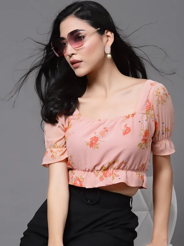 Peach_Floral_Puff_Sleeves_Blouson_Crop_Top
