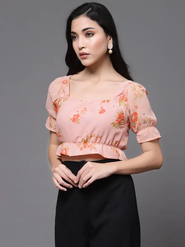 Peach_Floral_Puff_Sleeves_Blouson_Crop_Top