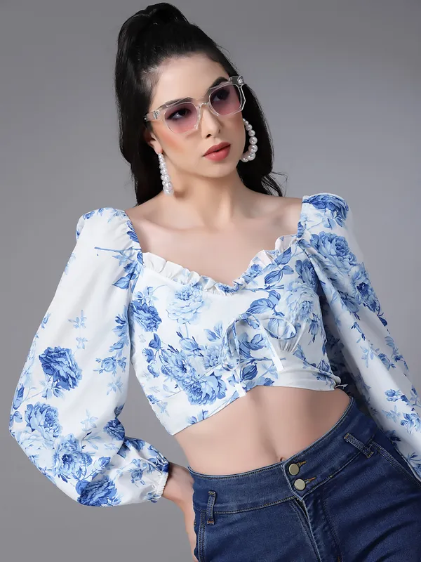 White_Floral_Fitted_Ruffeled_Neck_Crop_Top