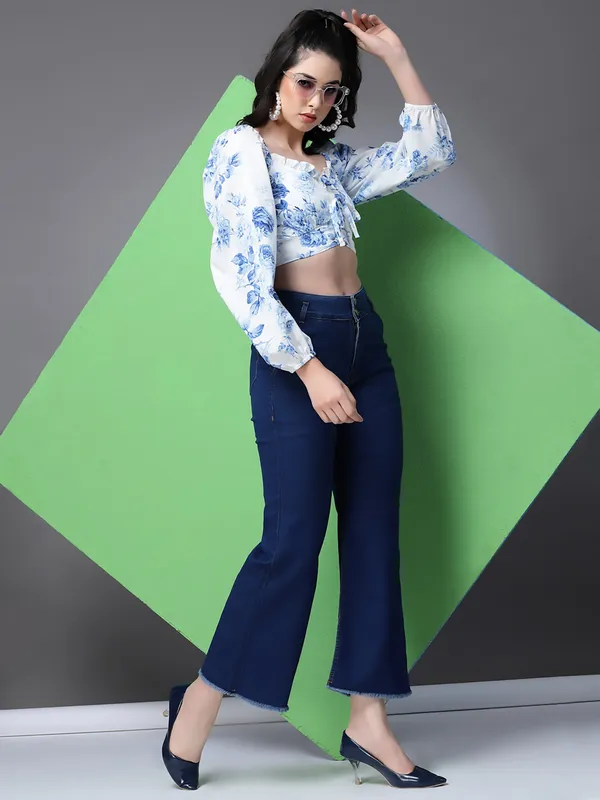 White_Floral_Fitted_Ruffeled_Neck_Crop_Top