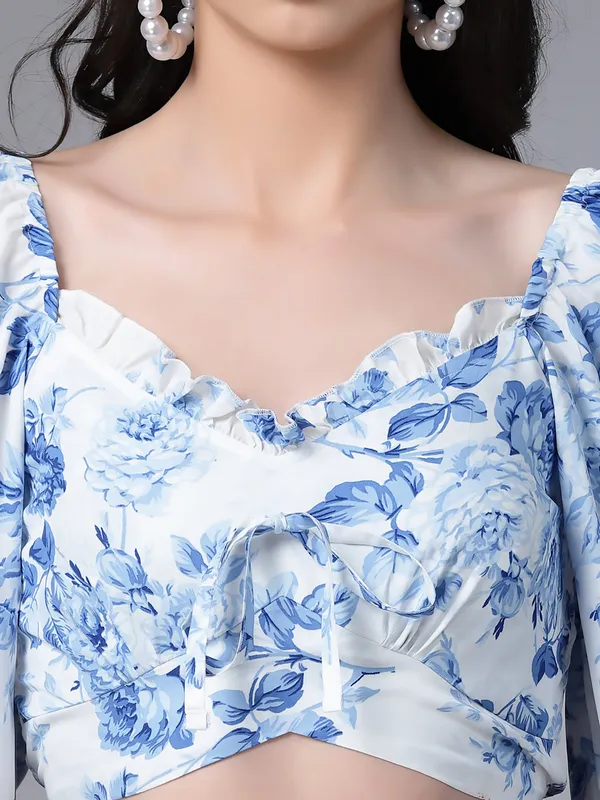 White_Floral_Fitted_Ruffeled_Neck_Crop_Top