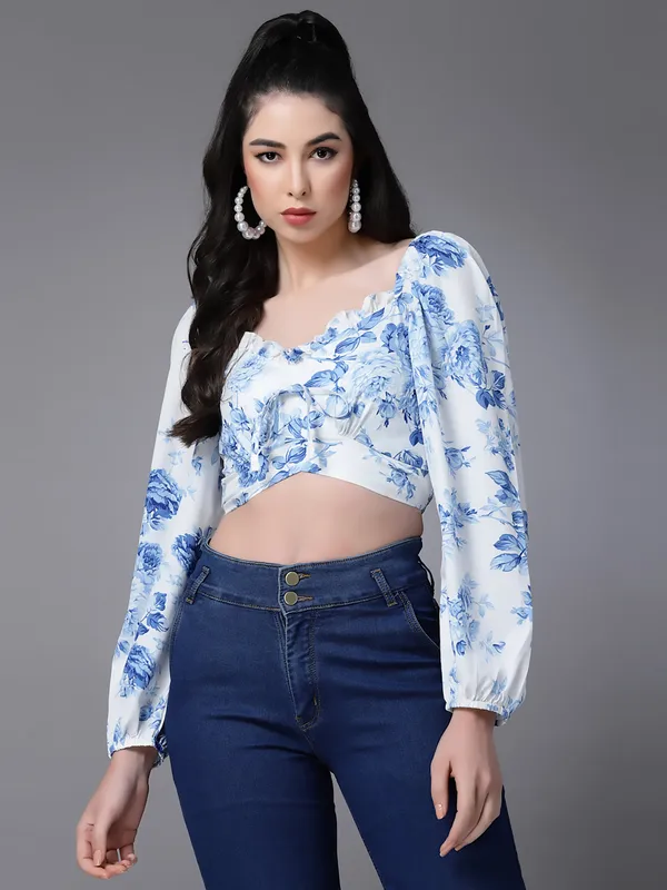 White_Floral_Fitted_Ruffeled_Neck_Crop_Top