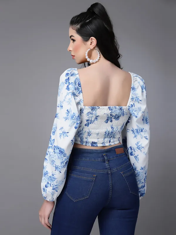 White_Floral_Fitted_Ruffeled_Neck_Crop_Top