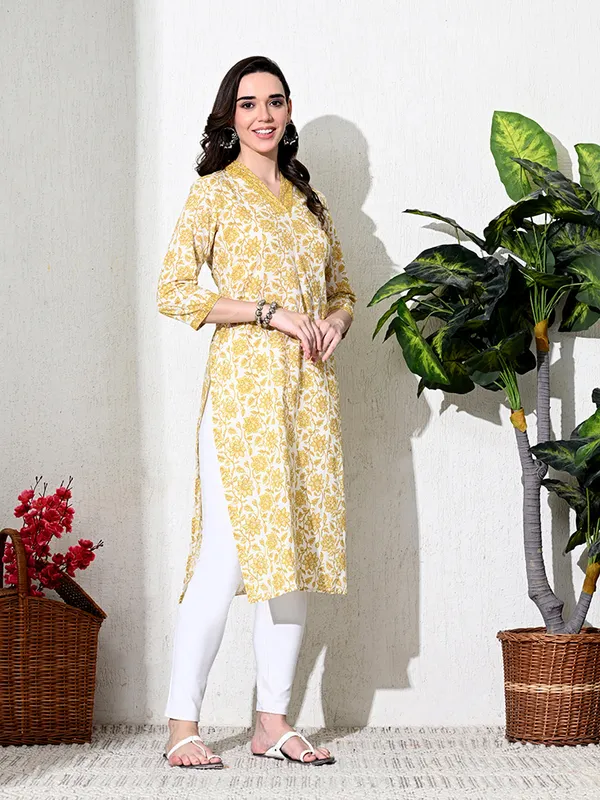 Yellow_Floral_Print_Cotton_Kurta