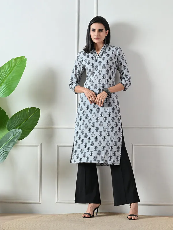 Grey_Block_Print_Straight_Cotton_Kurta