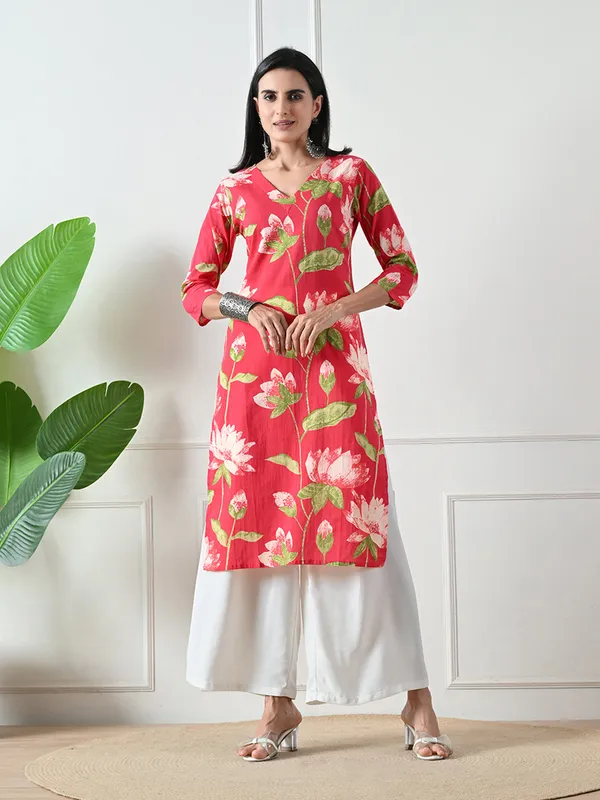Red_Floral_Print_V-neck_Cotton_Kurta