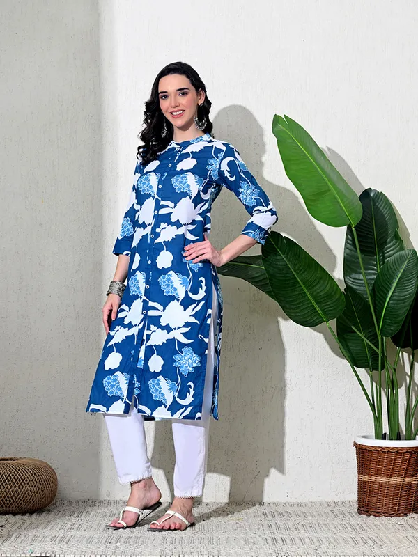 Blue_Printed_Cotton_Front_Slit_Kurta
