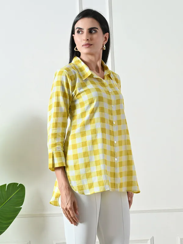Yellow_Checked_Printed_Cotton_Kurta