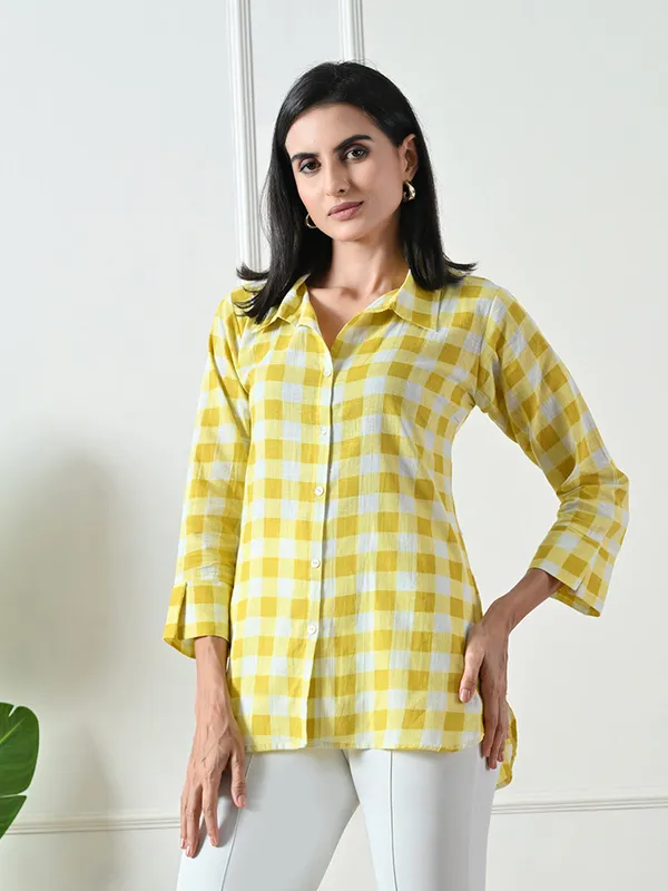 Yellow_Checked_Printed_Cotton_Kurta