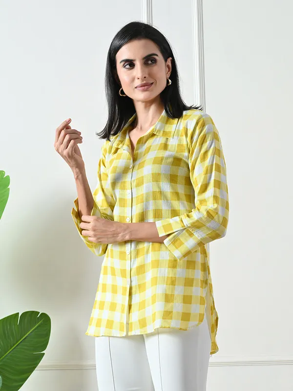 Yellow_Checked_Printed_Cotton_Kurta