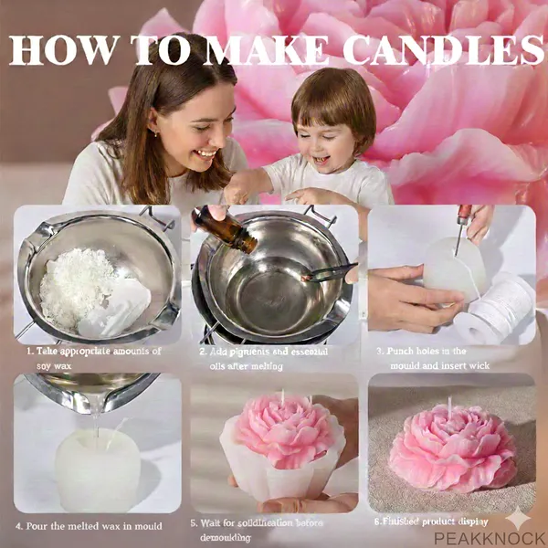 PEAKNOCK_Peony_Candle_Making_Kit_with_Soy_Wax_300g,_Most_Trending_Peony_Flower_Silicone_Mold,_Lavender_and_Rose_Fragrance_Oils,_10_Wicks,_1_Steel_Wick_Holder_and_2_Candle_Dyes