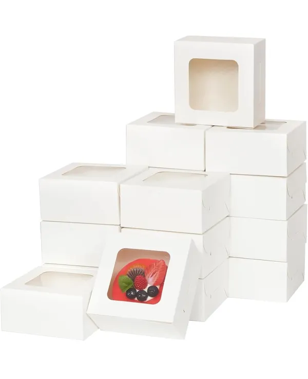 White_Bakery_Boxes_With_Window,_3X3X1.75_Inch,_,_Kraft_Paper_Food_Container_For_Pastry,_Donut,_Mini_Cake,_Dessert,_Candle_Packing_(Pack_Of_25)