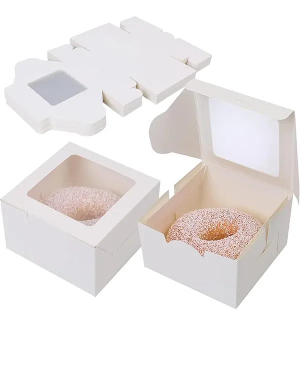 White_Bakery_Boxes_With_Window,_3X3X1.75_Inch,_,_Kraft_Paper_Food_Container_For_Pastry,_Donut,_Mini_Cake,_Dessert,_Candle_Packing_(Pack_Of_25)