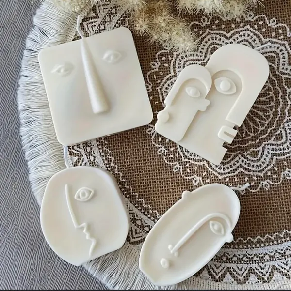 White_Modern_Abstract_Face_Decorative_Candles,_White_Handcrafted_Art_Candle_Set,_Sculptural_Design_With_Relief_Features,_(Pack_Of_4)