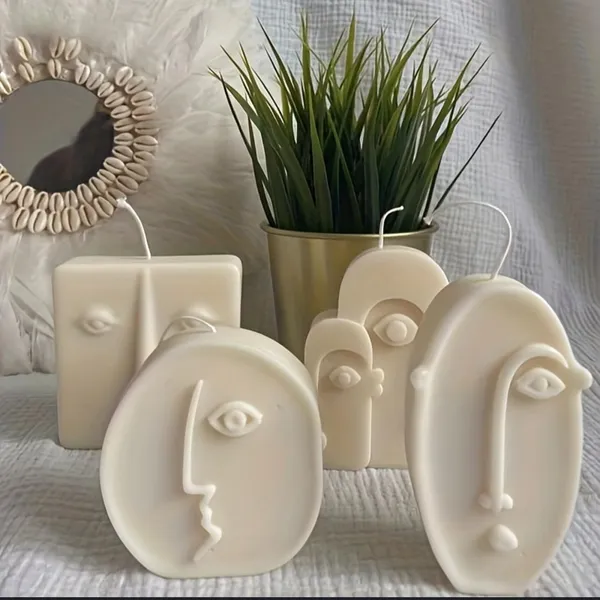 White_Modern_Abstract_Face_Decorative_Candles,_White_Handcrafted_Art_Candle_Set,_Sculptural_Design_With_Relief_Features,_(Pack_Of_4)