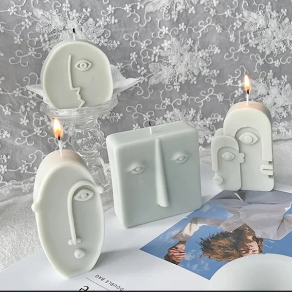 White_Modern_Abstract_Face_Decorative_Candles,_White_Handcrafted_Art_Candle_Set,_Sculptural_Design_With_Relief_Features,_(Pack_Of_4)