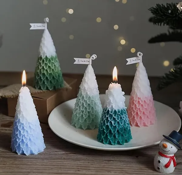 White_Green_Blue_Handcrafted_Christmas_Tree_Candle,_Textured_Ombre_Design,_White_And_Colored_Wax,_Holiday_Home_Decor,_Winter_Collection_(Pack_Of_2_Green_&_Red)