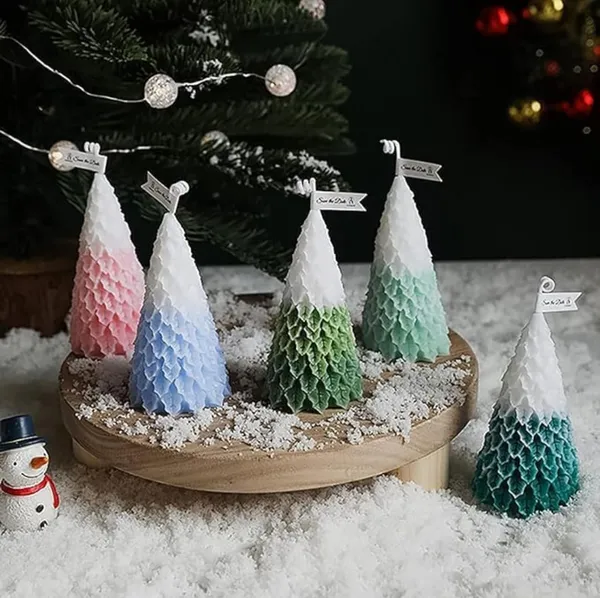 White_Green_Blue_Handcrafted_Christmas_Tree_Candle,_Textured_Ombre_Design,_White_And_Colored_Wax,_Holiday_Home_Decor,_Winter_Collection_(Pack_Of_2_Green_&_Red)