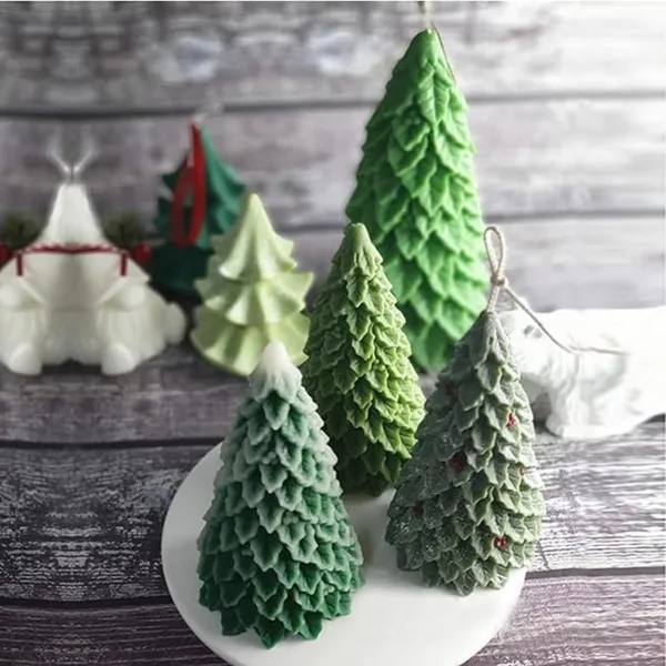 White_Green_Blue_Handcrafted_Christmas_Tree_Candle,_Textured_Ombre_Design,_White_And_Colored_Wax,_Holiday_Home_Decor,_Winter_Collection_(Pack_Of_2_Green_&_Red)