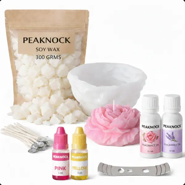PEAKNOCK_Peony_Candle_Making_Kit_with_Soy_Wax_300g,_Most_Trending_Peony_Flower_Silicone_Mold,_Lavender_and_Rose_Fragrance_Oils,_10_Wicks,_1_Steel_Wick_Holder_and_2_Candle_Dyes
