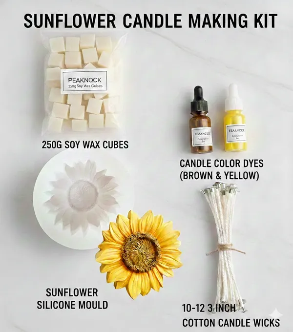 PEAKNOCK_Sunflower_Candle_Making_Kit_with_250g_Soy_Wax_Cubes,_Sunflower_Silicone_Mould,_3_inch_Cotton_Wicks_10-12_Brown_and_Yellow_Color_Dyes