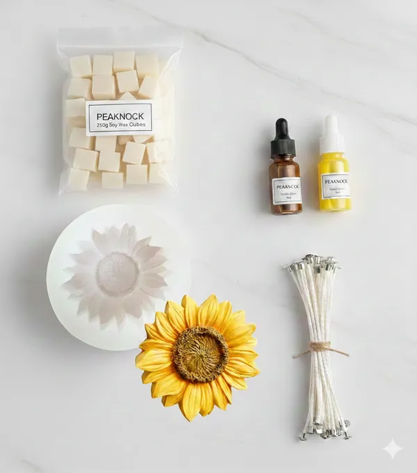 PEAKNOCK_Sunflower_Candle_Making_Kit_with_250g_Soy_Wax_Cubes,_Sunflower_Silicone_Mould,_3_inch_Cotton_Wicks_10-12_Brown_and_Yellow_Color_Dyes