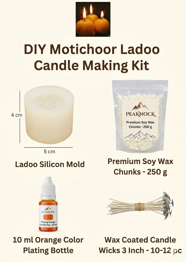 Peaknock_DIY_Motichoor_Ladoo_Candle_Making_Kit,_Premium_Soy_Wax_Chunks_250g,_Ladoo_Silicon_Mold_5x4cm,_Orange_Candle_Dye_10ml,_10-12_Wax_Coated_Wicks_3_Inch