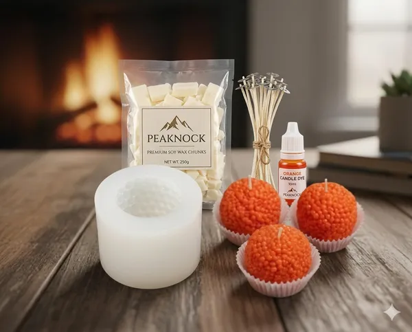 Peaknock_DIY_Motichoor_Ladoo_Candle_Making_Kit,_Premium_Soy_Wax_Chunks_250g,_Ladoo_Silicon_Mold_5x4cm,_Orange_Candle_Dye_10ml,_10-12_Wax_Coated_Wicks_3_Inch