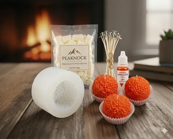 Peaknock_DIY_Motichoor_Ladoo_Candle_Making_Kit,_Premium_Soy_Wax_Chunks_250g,_Ladoo_Silicon_Mold_5x4cm,_Orange_Candle_Dye_10ml,_10-12_Wax_Coated_Wicks_3_Inch