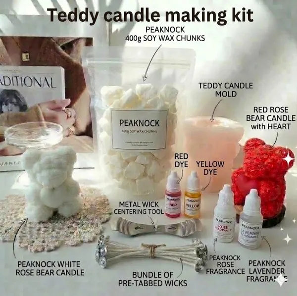 Peaknock_Teddy_bear_Candle_Making_kit_includes_Pillar_soy_wax_A++,_one_food_grade_premium_silicon_teddy_mould_,Wicks__,_Colors,_Wick_holder_and_Fragrances_
