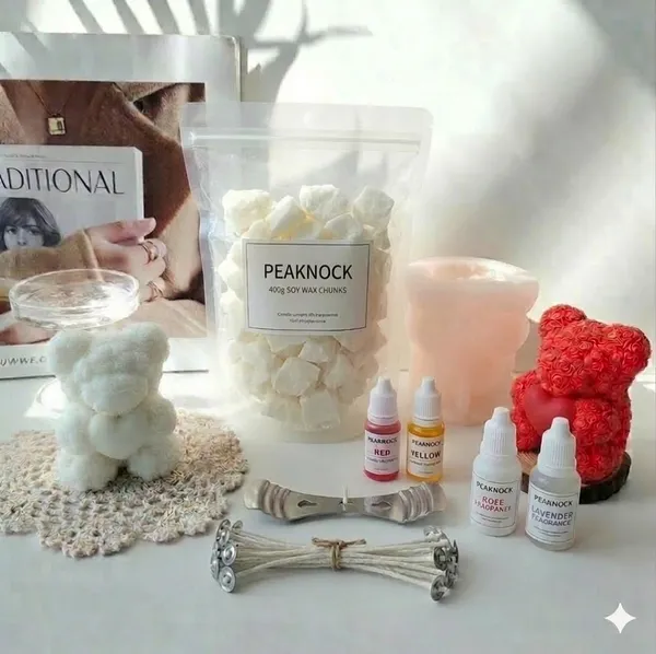 Peaknock_Teddy_bear_Candle_Making_kit_includes_Pillar_soy_wax_A++,_one_food_grade_premium_silicon_teddy_mould_,Wicks__,_Colors,_Wick_holder_and_Fragrances_