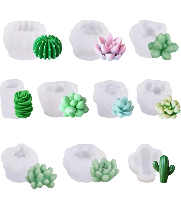 White_3D_Silicone_Candle_Mold_Flower_Cactus_Plant_Wax_Moulds_For_Scented_Candles_Soaps_Making,_Clay,_Resin_Crafts_Casting,_Cake_Dessert_Mousse_Aroma_Art_Crafts_Supplies_Home_Decoration_(Pack_Of_10)