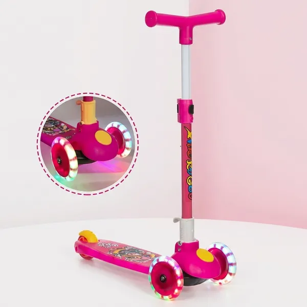 Pink_Plastic_3-Wheel_Adjustable_Height_Led_Light_Up_Wheel_Scooter_For_Kids