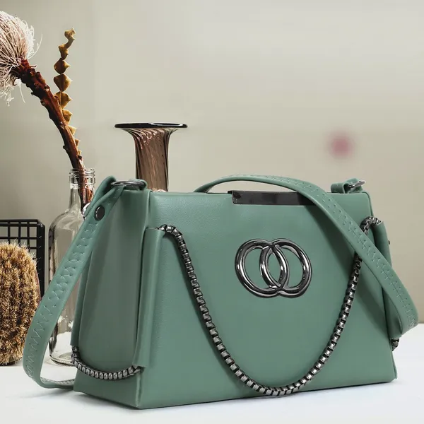 Trendy_Green_Faux_Leather_Shoulder_Bag_For_Women_With_Chain_Strap_&_Dual_Ring_Metal_Design