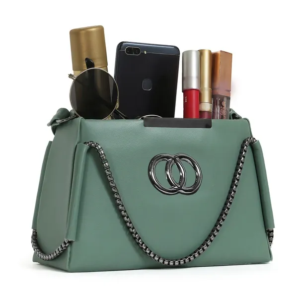 Trendy_Green_Faux_Leather_Shoulder_Bag_For_Women_With_Chain_Strap_&_Dual_Ring_Metal_Design