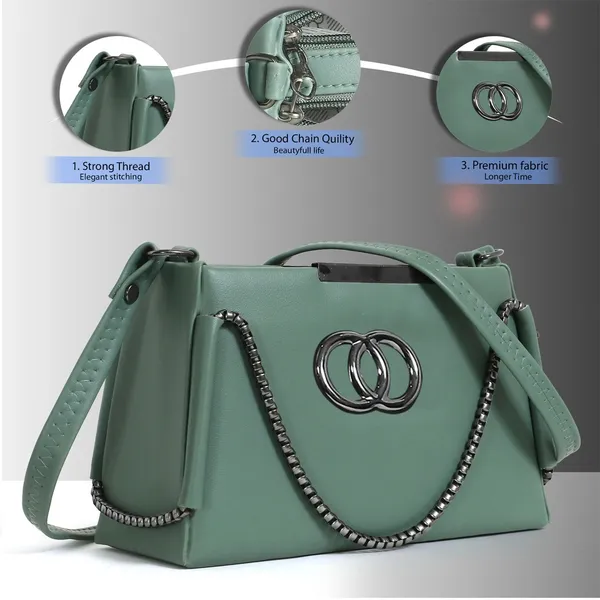Trendy_Green_Faux_Leather_Shoulder_Bag_For_Women_With_Chain_Strap_&_Dual_Ring_Metal_Design
