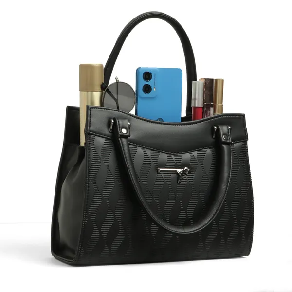 Elegant_Black_Textured_Leather_Handbag_For_Women_Stylish_Tote_Purse_With_Shoulder_Strap,_Lightweight_Designer_Office_&_Casual_Bag