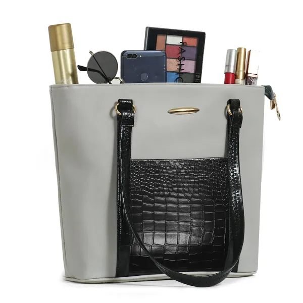 Women_Gray_Pocket_Croco_Leather_Handbag_Elegant_Faux_Leather_Handbag_With_Gold_Accents,_Spacious_Shoulder_Purse_For_Office,_Travel_&_Everyday_Use
