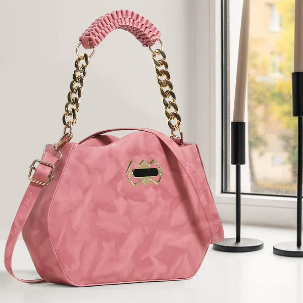 Stylish_Peach_Faux_Leather_Shoulder_Bag_For_Women_With_Gold_Chain_Handle_&_Adjustable_Strap