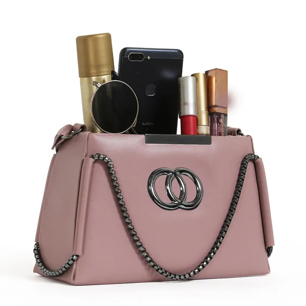 Trendy_Pink_Faux_Leather_Shoulder_Bag_For_Women_With_Chain_Strap_&_Dual_Ring_Metal_Design