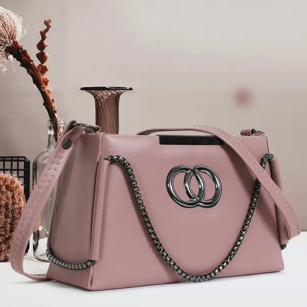 Trendy_Pink_Faux_Leather_Shoulder_Bag_For_Women_With_Chain_Strap_&_Dual_Ring_Metal_Design