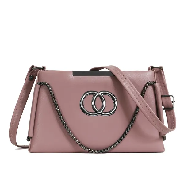 Trendy_Pink_Faux_Leather_Shoulder_Bag_For_Women_With_Chain_Strap_&_Dual_Ring_Metal_Design