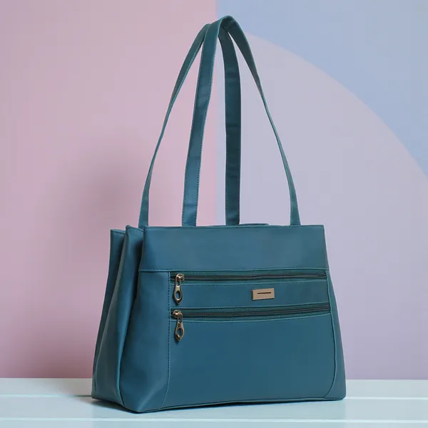 Trendy_Cyan_Leather_Tote_Bag_For_Women_Spacious_Shoulder_Handbag_With_Dual_Zipper_Pockets,_Stylish_Office_&_Casual_Carryall_Purse,_Lightweight_Everyday_Travel_Bag