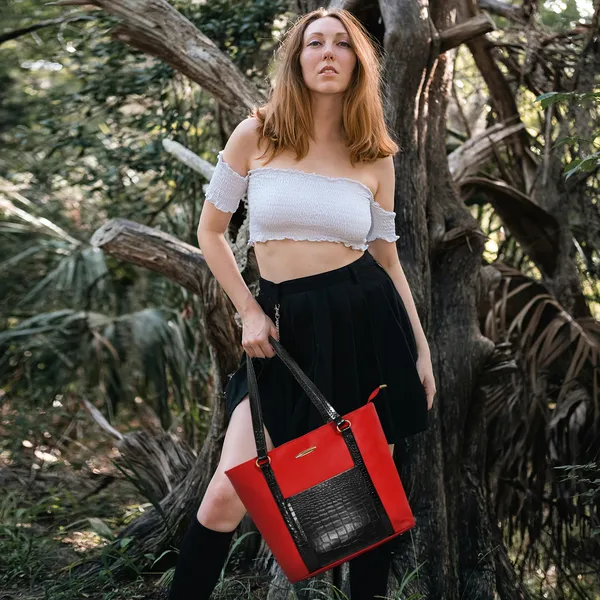 Women_Red_Pocket_Croco_Leather_Handbag_Elegant_Faux_Leather_Handbag_With_Gold_Accents,_Spacious_Shoulder_Purse_For_Office,_Travel_&_Everyday_Use