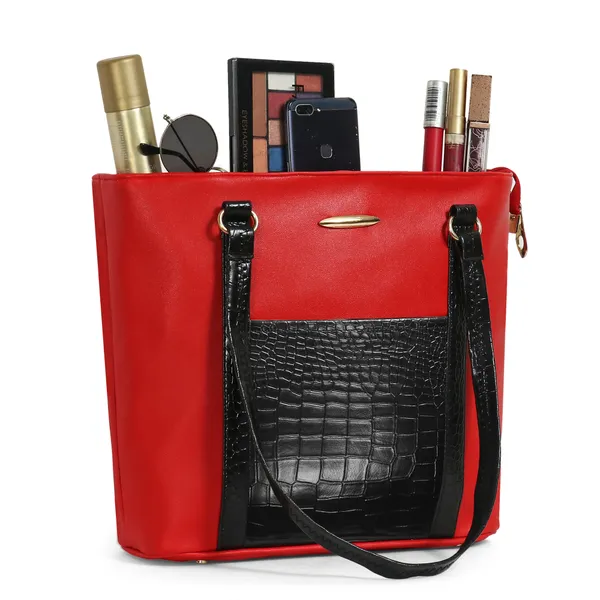 Women_Red_Pocket_Croco_Leather_Handbag_Elegant_Faux_Leather_Handbag_With_Gold_Accents,_Spacious_Shoulder_Purse_For_Office,_Travel_&_Everyday_Use