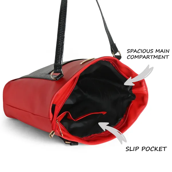 Women_Red_Pocket_Croco_Leather_Handbag_Elegant_Faux_Leather_Handbag_With_Gold_Accents,_Spacious_Shoulder_Purse_For_Office,_Travel_&_Everyday_Use