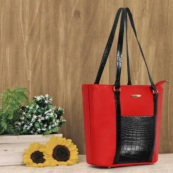 Women_Red_Pocket_Croco_Leather_Handbag_Elegant_Faux_Leather_Handbag_With_Gold_Accents,_Spacious_Shoulder_Purse_For_Office,_Travel_&_Everyday_Use
