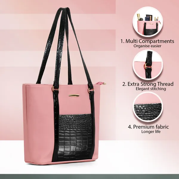 Women_Pink_Pocket_Croco_Leather_Handbag_Elegant_Faux_Leather_Handbag_With_Gold_Accents,_Spacious_Shoulder_Purse_For_Office,_Travel_&_Everyday_Use