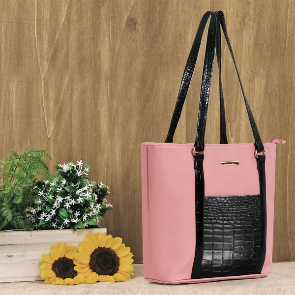 Women_Pink_Pocket_Croco_Leather_Handbag_Elegant_Faux_Leather_Handbag_With_Gold_Accents,_Spacious_Shoulder_Purse_For_Office,_Travel_&_Everyday_Use