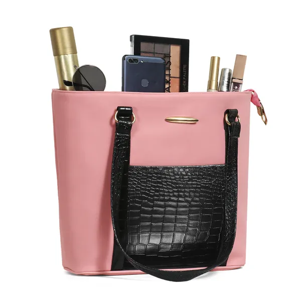 Women_Pink_Pocket_Croco_Leather_Handbag_Elegant_Faux_Leather_Handbag_With_Gold_Accents,_Spacious_Shoulder_Purse_For_Office,_Travel_&_Everyday_Use